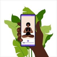 Yoga-Online-Konzept. Frau macht Yoga-Übungen zu Hause mit einem afrikanischen Online-Lehrer auf dem Handy. Wellness und gesunde Lebensweise zu Hause. Frau macht Yoga-Übungen. Vektor-Illustration in flach. vektor