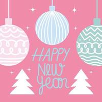Frohes neues Jahr süße Verzierung und Bäume auf rosa Hintergrund vektor