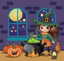 glücklich Halloween Hexe mit eben Fleck Vektor Illustration. süß Hexe braut ein Trank im ein Kessel, Karikatur Charakter auf Verlies Hintergrund zum Kinder- Illustration.