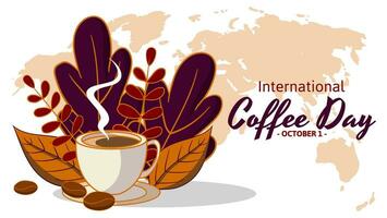 International Kaffee Tag Hintergrund mit eben Illustration von Kaffee Tasse und Pflanzen. können Sein benutzt zum Banner, Poster, Netz, Sozial Medien Post, usw. Vektor Illustration