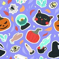 lila nahtlos Muster von süß Halloween Symbole - - schwarz Katze, Augen, Hexe Hut, Kürbisse, Spinnen, Vermögen erzählen Ball, Kristalle, Herbst Blätter. Illustration zum Verpackung Papier, Hintergrund, Hintergrund vektor