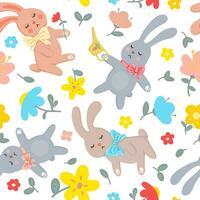 sömlös mönster. söt vår tecknad serie trädgårdsmästare kaniner, växter och blommor. platt illustration. för ny bebis kläder, tyger, säng Linné, tapet, omslag papper vektor