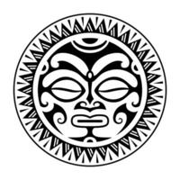 runda tatuering prydnad med Sol ansikte maori stil. afrikansk, azteker eller mayan etnisk mask. svart och vit. vektor