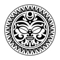 runda tatuering prydnad med Sol ansikte maori stil. afrikansk, azteker eller mayan etnisk mask. svart och vit. vektor