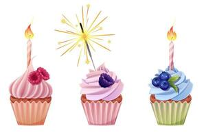 einstellen von Cupcakes mit Kerzen und Wunderkerzen auf ein isoliert Weiß Hintergrund. schön Cupcake mit Himbeeren, Brombeeren, Blaubeeren und Creme. hell festlich Illustration von ein Geburtstag Muffin vektor