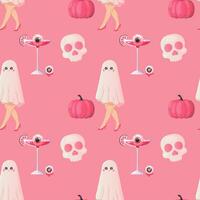 halloween sömlös mönster flickaktigt rosa docka och pumpa glamour vektor