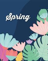 Texte des Frühlings und Blumen auf blauem Hintergrund vektor