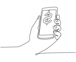 Kontinuierliche Strichzeichnung der Hand überprüfen mobile digitale Geldvektorillustration vektor