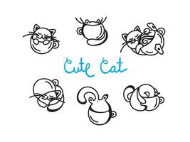 lekfull katt med en kopp. uttryckssymboler. linjär illustration. modern klistermärken med söt katter. vektor. vektor