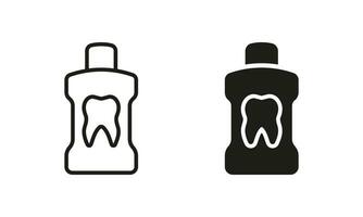 Zahnheilkunde Oral spülen. Mundwasser Silhouette und Linie Symbol Satz. Mund waschen Flasche Symbol. sauber und Frische Mund unterzeichnen. Dental Hygiene schwarz Piktogramm Sammlung. isoliert Vektor Illustration.