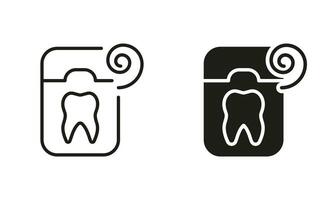 dental flock linje och silhuett ikoner uppsättning. oral medicin tecken. tandvård behandling, tand hygien symbol. tänder vård Utrustning, rena mun svart piktogram samling. isolerat vektor illustration.