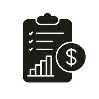 MwSt Buchhaltung Silhouette Symbol. finanziell Budget, Geld Bericht auf Zwischenablage Symbol. Finanzen Zahlung dokumentieren Glyphe Piktogramm. Papier mit Dollar solide unterzeichnen. isoliert Vektor Illustration.