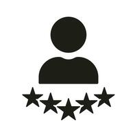 Kunde Befriedigung Silhouette Symbol. Beste Feedback zum Geschäft Service. Person mit Sterne Glyphe Piktogramm. Benutzer Bewertung solide unterzeichnen. Erfolg Rezension Symbol. isoliert Vektor Illustration.