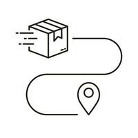 Sendung Distanz, Stift auf Karte mit Box Gliederung Symbol. bestellen Route unterzeichnen. Paket Ort linear Piktogramm. Lieferung Bedienung Pfad Linie Symbol. editierbar Schlaganfall. isoliert Vektor Illustration.