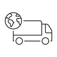 global leverans service linje ikon. internationell uttrycka transport linjär piktogram. över hela världen frakt översikt symbol. planet jord med lastbil. redigerbar stroke. isolerat vektor illustration.