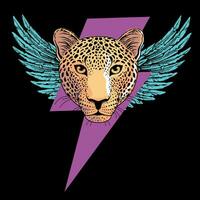blixt symbol t-shirt design med leopard huvud och wings.vector ilustration Bra för endangered arter dag vektor