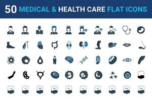 50 medizinisch und Gesundheit Pflege Symbol Sammlung eben Stil isoliert auf Weiß Hintergrund. Vektor Illustration zum verwenden auf Netz und Handy, Mobiltelefon Anwendungen.