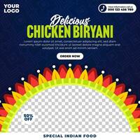 köstlich indisch Essen Speisekarte und Hähnchen Biryani Sozial Medien Post und Netz Banner Vorlage vektor