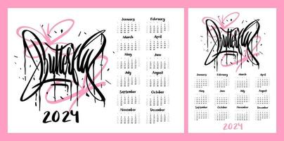 kalender layout för 2024. graffiti fjäril. grunge stil. 2k flicka design för a4, a5 utskrift vektor