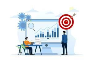 Geschäft Mannschaft Analyse und Überwachung Konzept auf Netz Bericht Instrumententafel Monitor. Daten Analyse Forschung eben Vektor Illustration Design zum Geschäft finanziell Planung Konzept, eben Vektor Illustration.