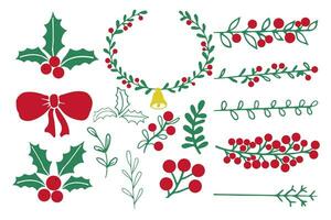 Weihnachten Grün Girlande, rahmen, Rand und Dekorationen mit Bogen, Beeren, Blätter im Gekritzel Stil isoliert auf Weiß Hintergrund. einfach Hand gezeichnet Winter Dekoration. Vektor Illustration