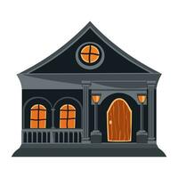 isoliert Halloween Haus. grau gespenstisch Villa mit gotisch Fenster, und Laternen beim das Eingang. verfolgt Haus im eben Stil. Vektor Illustration.