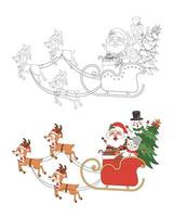 santa claus på släde med snögubbe, jul tema linje konst klotter tecknad serie illustration, färg bok för ungar, glad jul. vektor