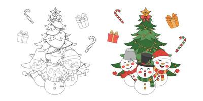 snögubbe med jul träd och gåva, jul tema linje konst klotter tecknad serie illustration, färg bok för ungar, glad jul. vektor