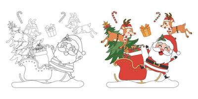 santa claus, ren med släde, jul tema linje konst klotter tecknad serie illustration, färg bok för ungar, glad jul. vektor