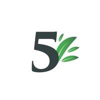 nummer fem logotyp med gröna blad. naturlig nummer 5-logotyp. vektor