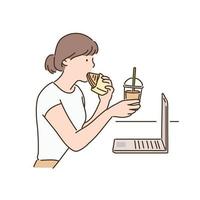 en flicka dricker en smörgås och kaffe framför en dator. handritade illustrationer för stilvektordesign. vektor