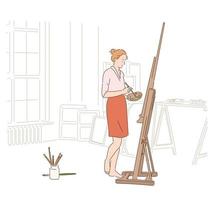 en konstnär målar framför ett staffli. handritade illustrationer för stilvektordesign. vektor