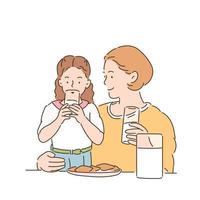 Eine Mutter lässt ihre Tochter Milch trinken, bevor sie Kekse isst. handgezeichnete Stilvektordesignillustrationen. vektor