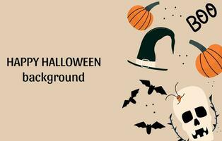 gruselig Halloween Banner mit Schädel, Kürbisse, Fledermäuse und Hexe Hut. Vektor Illustration im Hand gezeichnet Stil.