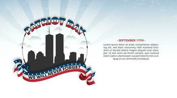 Patriot Tag 9 11 Hintergrund mit ein winken Flagge und Silhouette Gebäude vektor
