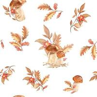 nahtlos Aquarell Muster mit Steinpilz Pilze, Eiche Blätter und Ast mit rot Blume. botanisch Sommer- Hand gezeichnet Illustration. können Sein benutzt zum Geschenk Verpackung Papier, Küche Textil- vektor