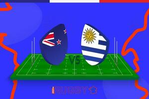 Rugby Mannschaft Neu Neuseeland vs. Uruguay auf Rugby Feld. Rugby Stadion auf abstrakt Hintergrund zum International Meisterschaft. vektor