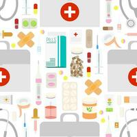 Vektor nahtlos Muster mit medizinisch Ausrüstung, Pillen, Spritze, Pflaster und medizinisch Tablets