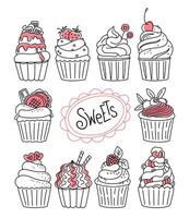 muffins uppsättning vektor hand dragen klotter ikoner. efterrätt illustrationer bakverk, cupcake, sötsaker isolerat på vit bakgrund.