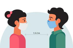 behalten Ihre Entfernung wann kommunizieren und tragen ein medizinisch Maske. Verhütung von Coronavirus, Virus Wuhan COVID-19. eben Illustration. vektor