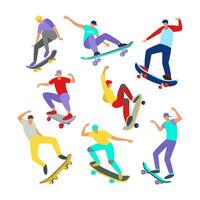 einstellen von modern Skateboarder Springen mit Skateboards. zeitgenössisch Straße Aktivität. Vektor eben Illustration isoliert auf Weiß Hintergrund.