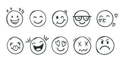 Emojis Gesichter Symbol im Hand gezeichnet Stil. Spaziergang Emoticons Vektor Illustration auf isoliert Hintergrund. glücklich und traurig Gesicht Zeichen Geschäft Konzept.