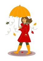 ein jung Frau im ein Mantel und Stiefel Spaziergänge durch das Pfützen mit ein Regenschirm auf ein Herbst regnerisch und windig Tag. Vektor Illustration