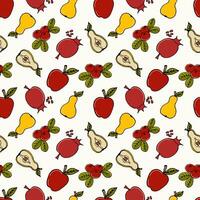nahtlos Muster farbig Gekritzel Früchte Äpfel, Birnen, Granatäpfel und Preiselbeeren auf Weiß - - Herbst Hintergrund, Vektor Illustration. zum Verpackung, Textilien, Tapeten, Netz Design
