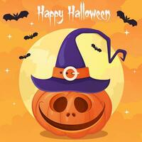 Halloween Banner mit Kürbis tragen Hexe Hut und Fledermäuse vektor