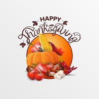 Happy Thanksgiving, rundes orangefarbenes Grußbanner mit Herbsternte vektor
