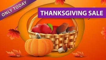 Thanksgiving-Verkauf, orangefarbenes Rabatt-Webbanner im Scherenschnitt-Stil mit Obst- und Gemüsekorb vektor