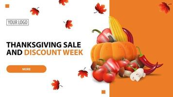 Thanksgiving-Verkauf und Rabattwoche, Rabatt weiße minimalistische Web-Banner-Vorlage für Ihre Website mit Herbsternte vektor