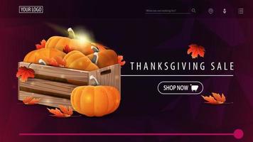 Thanksgiving-Verkauf, lila Rabattbanner mit polygonaler Textur, Holzkisten mit reifen Kürbissen und Herbstblättern autumn vektor