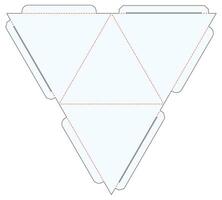 triangulär, pyramid, tetraeder låda dö skära kub mall plan layout med skärande och scoring rader vektor dra grafisk design